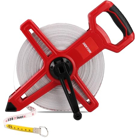 DEKTON 100M Fibreglass Surveyor Tape With Holder – Metric & Imperial Measurements, Class Iii Accuracy, Abrasion & Water Resistant, Fast Rewind Mechanism, Ergonomic Non-Slip Handle
