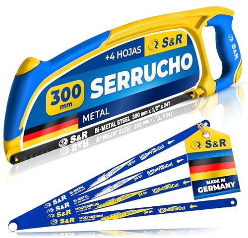 S&R Metallsäge Bügelsäge Set 300mm, 5-TLG mit 4 Hochleistungs-Sägeblättern MADE IN GERMANY, Handsäge Metall Eisensäge, Molybdän Bi-Metall 18/24 TPI