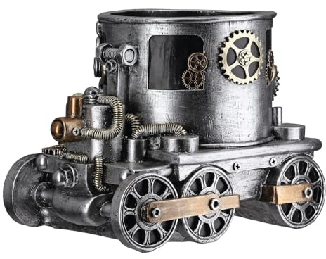 GILDE Übertopf Steampunk Engine Planter - Lokomotive - Kunstharz - Zahnrädermotiv - Antikfinish - Silberfarben - Höhe 20cm x Breite 26cm