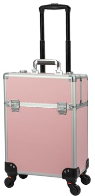 SUNNYNEST 1PC Makeup Trolley Case Rolling Cosmetic Organiser Wheels Pink | Rolling Makeup Trolley Case – Large aluminium cosmetic organiser with wheels, ideal for beauty artists, salons makeup use.