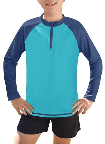 Boys Sun Protection Rash Vest 1/4 Zip Quick Drying UPF 50+ Long Sleeve Swimming Tops Navy & Light Blue 11-12 Years