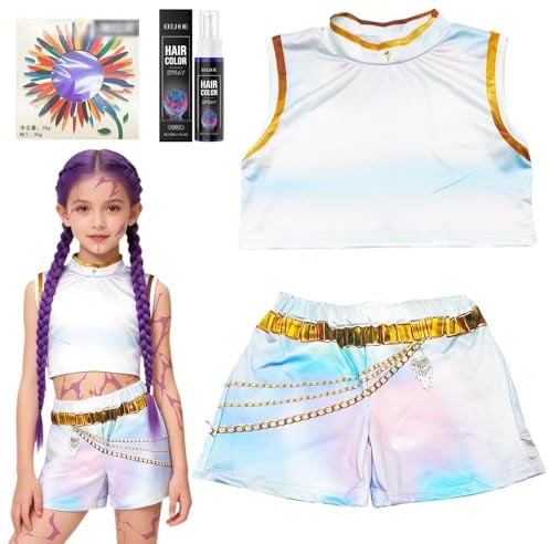 Dongcill Anime Cosplay Costume,Korea Pop singer Kostüm,Anime Verkleidung mit Weste,Shorts,Lila Zopfperücke/Lila Haarspray,Band Kleidung für Halloween Karneval Bühnenkleid Dress-up Party
