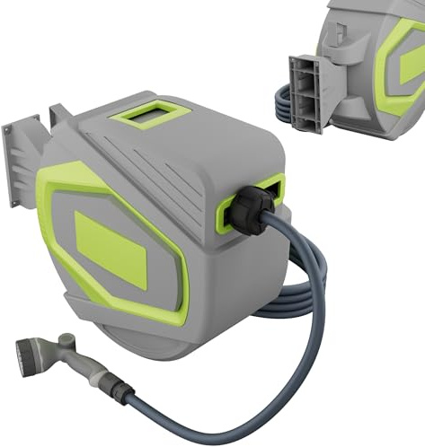 YRHome 30m Gartenschlauch Schlauchtrommel Wandmontage, Automatik Aufrollfunktion, 10 Funktionen Sprühdüse, 180° schwenkbar, Schlauchbox Wandschlauchhalter Wasserschlauchaufroller, Grau & Gelb