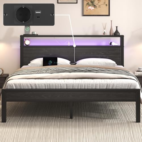 Bett 140x200 mit LED und Ladestation, Holzkopfteil mit Stauraum, Schwarz | Metall Bettgestell 140x200 mit 31cm hohem Stauraum unter dem Bett, Doppelbett mit geräuschlosem Lattenrost, einfache Montage