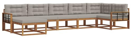 vidaXL Outdoor-Sofagarnitur mit Kissen 7 pcs Natürlich und Hellgrau, Modernes Akazienholz Outdoor-Sofaset, langlebige Gartenmöbel, Flexible Anordnung für die Terrasse, Bequeme Lounge im Hinterhof