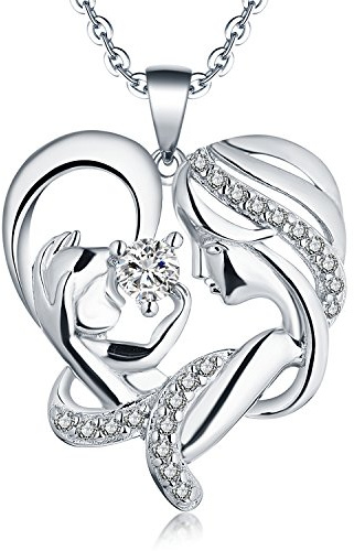 JO WISDOM Collier Pendentif Coeur d'amour mère et enfant Amour pour toujours Argent 925/1000 AAA zirconium Femme Pierre de naissance d'avril