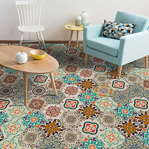WALPLUS 10pcs 20x23cm Colourful Turkish Hexagon Floor Tile Stickers Mosaic Self-Adhesive Peel and Stick Living Room Vinyl Backsplash Kitchen Decor Wallpaper Tile Paint Art Decoration Stick on Tile