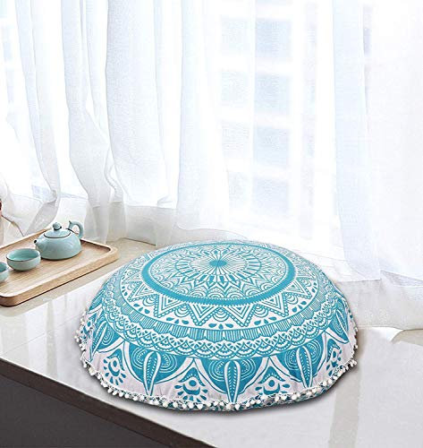 MY DREAM CARTS Ombre indisches Bodenkissen, groß, 81,3 cm, für Meditation, Sitzen, Ottoman, Dekokissen, Mandala, Hippie, dekorativ, rund, Bohemian-Stil, Outdoor, Pouf, weiß, Pom Pom (grün) (nur Bezug)