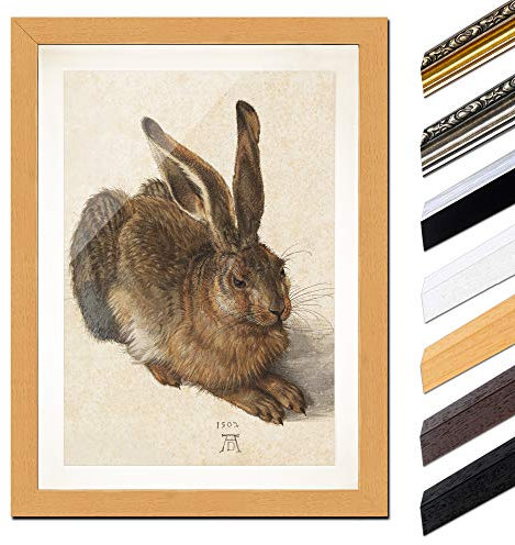 Bilderdepot24 Bild mit Rahmen - Albrecht Dürer Feldhase 40x60 cm ca. A2 - Gerahmter Kunstdruck inkl. Galerie Passepartout Alte Meister - Rahmen buche