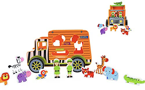 RB&G Safari Truck Lernspielzeug Montessori Steckspiel mit Tierfiguren Puzzle Holzspielzeug, Puzzle Kinder Lernspielzeug für Kinder ab 1 Jahre