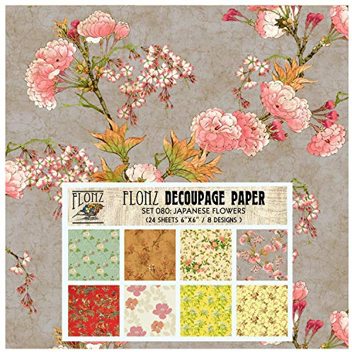 Decoupage Paper Pack (24 Sheets 6x6) Japanese Flowers FLONZ Vintage Styled Paper for Decoupage, Craft and Scrapbooking