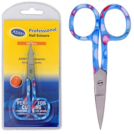 ASM® Professional Nail Scissors Curved Manicure Cuticle Scissors - Quick Dry Grooming Scissor for Eyebrow, Beard & Nose Hair Trimming - Beauty Scissor Gifts for Men and Women (4 Blue Bubble)