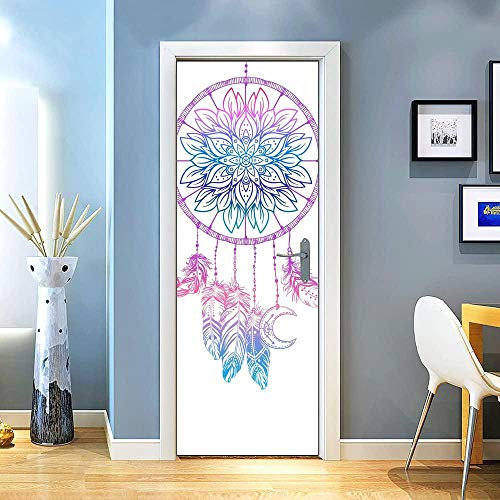 GZHMW Stickers Porte Trompe Loeil 3D Mandala De Plumes Autocollants Murales PVC Auto-adhésifs Placard Chambre Toilette Bain Cuisine pour Décoration Entree,Amovible Papier Peint Porte77×200cm