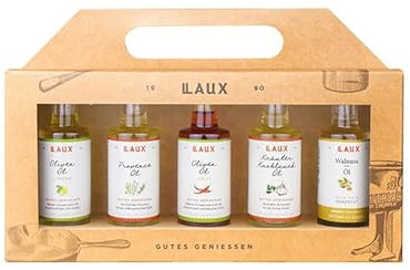 LAUX Öl Geschenkbox - 5er Set mit Olivenöl, Wallnussöl, Provence & Kräuter Knoblauch Öl - Ideal als Salat & Gemüse Topping - Geschenk zu Ostern (5 x 40ml)