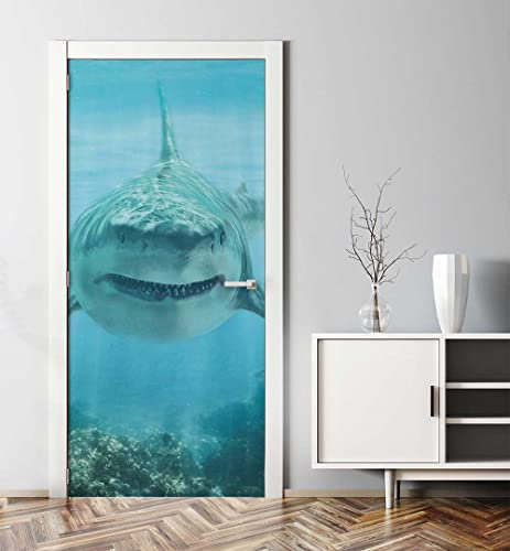MyMaxxi - Tür bekleben mit Türtapete Türposter Türfolie Selbstklebend 90x200 Raubfisch Hai - Tür verschönern Türaufkleber Türklebefolie Meer Unterwasser blau