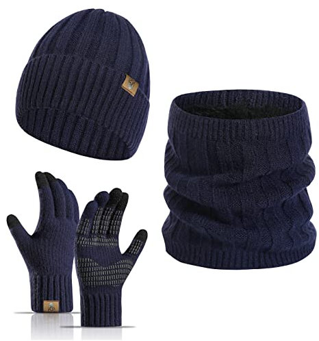 Meajore Winter Mütze schal Handschuhe Herren Set 3 in 1 Gestrickte Warme Beanie Touchscreen Handschuh Damen
