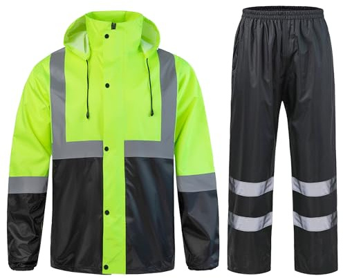 Yukirtiq Erwachsenen Regenanzug Wasserdichten Anzug mit Reflexstreifen Regenjacke mit Kapuze und Regenhose Atmungsaktiv Regenbekleidung