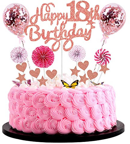 Cnrose Tortendeko Mädchen 18. Geburtstag Hello 18 Cake Topper Rosegold mit Herz Stern Ballon Kuchendeko 18. Geburtstag Mädchen Happy 18th Birthday Tortendeko 18 jahre Mädchen 18 Geburtstag Mädchen