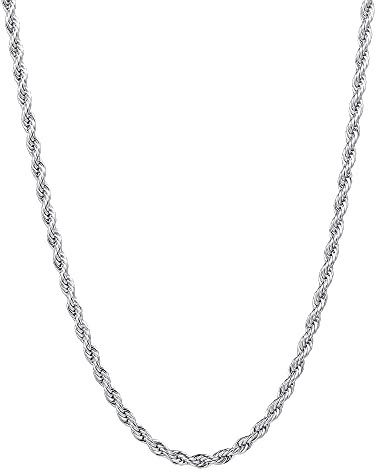 Fiusem Silver Tone Rope Chain Necklace for Men, 3mm Width, 24 inches, Stainless Steel, High Polish