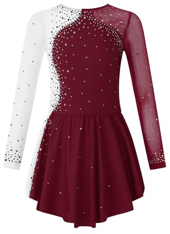 CHICTRY Kürkleider Eiskunstlauf Kinder Mädchen Strass Glitzer Rollschuhkleid Langarm Tanzbody Farbblock Patchwork Trikot Mit Wickelrock Dancewear