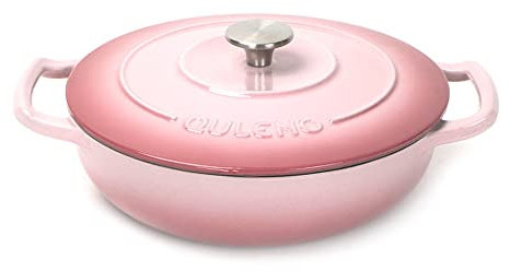 3.1-4 Litre Enameled Cast Iron Shallow Casserole Dish with Lid, Non Stick Cooking Pan Pot Dutch Oven, Shallow Cast Iron Casserole Pan for Saute Fry Steam Braise Bake Pink 26cm