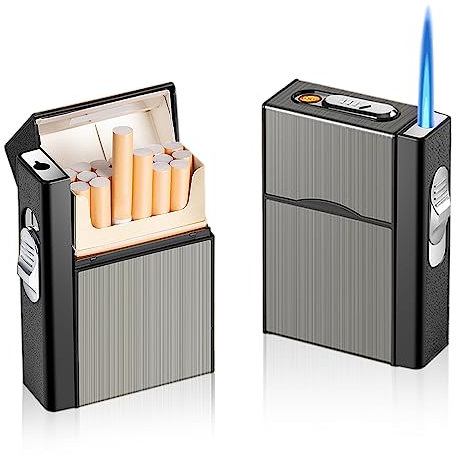 Zigarettenetui mit Feuerzeug Aluminium Zigarettenbox: Winddichtes Feuerzeug Gasfeuerzeug Sturmfeuerzeug Kann 20 Fassen, USB Laden (Verkauft ohne Gas)