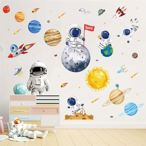 wondever Wandtattoo Weltraum Planeten Wandaufkleber Raketen Sonnensystem Astronaut Wandsticker Wanddeko für Kinderzimmer Babyzimmer Jungenzimmer