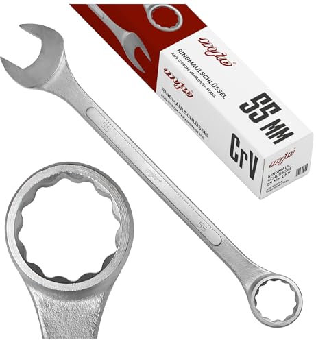 MJW Ringmaulschlüssel 55 mm, CrV-Stahl, DIN 3113, 12-kant, mit Satin-Finish, ergonomischer Griff, für Heim- und Profiwerkstatt, Silber. Augenkopf 15° schwenkbar