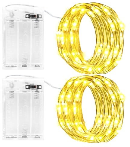 Gcstnn Lichterketten Batterie Timer, 2 Stück 5M 50LED Micro Fairy Lights IP65 Wasserdichte Kupferdraht Lichterkette für Zimmer Garten Krüge Flaschen Weihnachten Halloween In/Außen Deko DIY (Warmweiß)