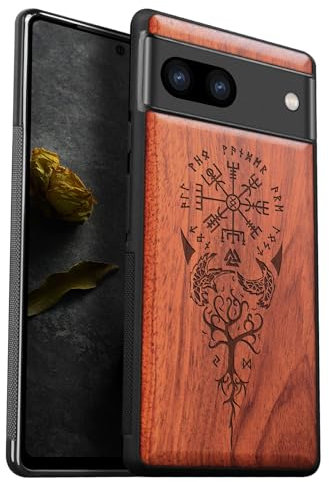 Carveit Coque Compatible avec Google Pixel 8 Étui en Bois Rigide Antichoc avec Cadre en TPU Case pour Pixel 8 Coque Premium de Protection (Rosé-Viking Compas)