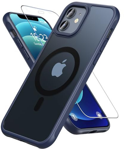 OWKEY Magsafe Compatible iPhone 12 Case with Tempered Glass, Military-Grade Translucent Matte Back Magnetic Slim Cover, Blue