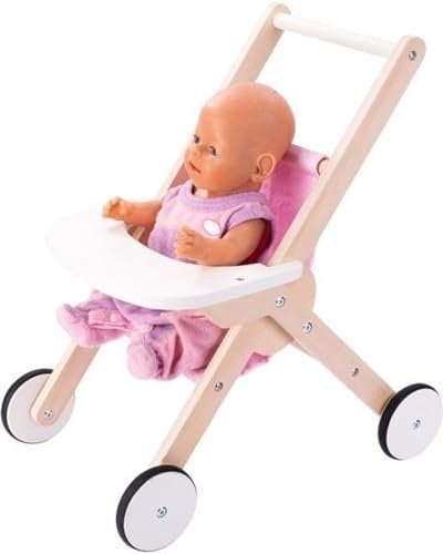 Engelhart – 606015 – Eleganter Puppenwagen aus Holz – Rosa und Weiß – Maße: 50 x 28 x 46 cm – Ab 3 Jahre