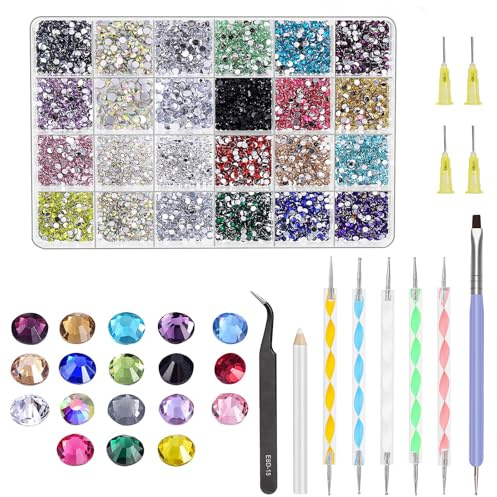 Glarks Rhinestone Gems Kit, 7300Pcs 18 Colors Rhinestones with Gems Adhesive Flat Back Gems Crystal Rhinestones with 12pcs Dotting Tools for Craft, Jewelry and Nail Art