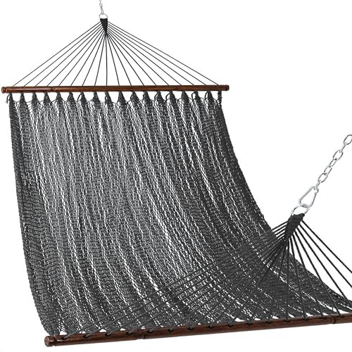 Lazy Daze 10 FT Double 2 Person Caribbean Rope Hammock, Hand Woven Polyester Hammock with Spreader Bars, Extra Large Outside Outdoor Backyard Patio Hammock, 450 LBS Capacity,Gray