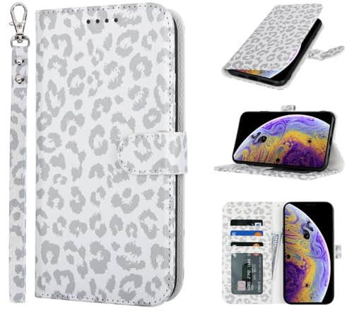 Zouzt Case for iPhone X/XS (5.8 Inch), Premium PU Leather Wallet Case with Credit Card Holder Slot Flip Folio Kickstand Shockproof Protective Phone Cover (White Leopard Pattern)