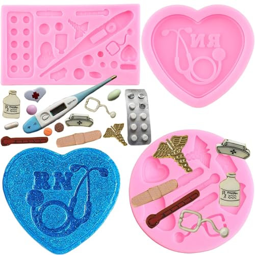 RFGHAC Medizinische Geräte Tablet Silikonformen Stethoskop Krankenschwester Hut Fondant Formen für Cupcake Kuchen Topper Dekoration Schokolade Süßigkeiten Polymer Clay Gummipaste 3 Stück