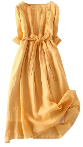 Vintage Linen Dresses for Women UK Cotton Linen Maxi Dresses Lace Up Round Neck Half Sleeve Dress Pleated Boho Beach Holiday Dresses Summer Casual Tunic Dress Elastic Waist Tie Long Dress