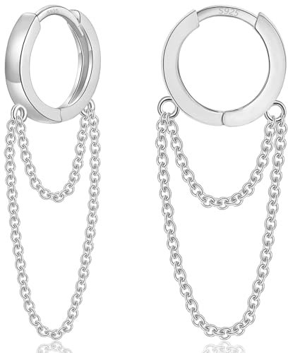 WOVEE Creolen Silber 925 mit Kette Anhänger Chain Klein 8mm Ohrringe Silber 925 Hängend Ohrringe mit Kette Verbunden Silberohrringe 925 Damen Herren
