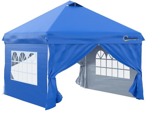 Outsunny Tonnelle Pop-up Tente de Jardin Barnum 3x3 m Hauteur réglable 3 Niveaux avec 4 parois latérales Amovibles, fenêtres, Sac de Transport à roulettes - Bleu