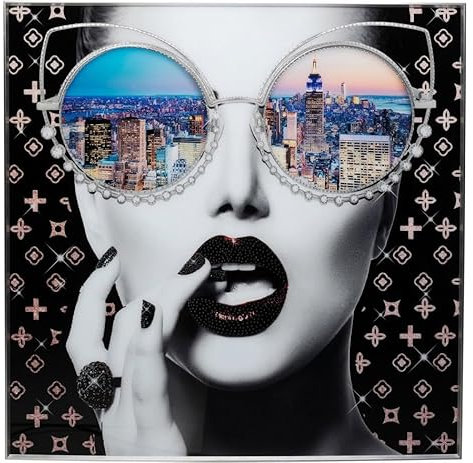 Kare Design Wandbild NY View, Bunt, Quadratisch, mit Dekoelementen, Sicherheitsglas, Bilddruck, Wandkunst, New York City, Glamour, Schlafzimmer, Wohnzimmer, Papier, Glas, 80x80 cm (H/B)