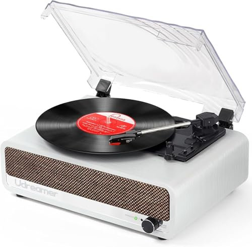 Udreamer Record Player with Speaker Bluetooth Turntable Vintage Vinyl Player Support USB AUX-in Headphone RCA Line-Out 3 Speed Belt-Driven Auto-Stop Mirror Design White