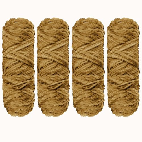 YINVA Chenille Wolle zum Häkeln 400g(4pcs×100g) Chenille Wolle Flauschige Wolle Velvet Weiche Plüschwolle Häkelwolle für Anfänger Dicke Wolle Zum Stricken-Khaki