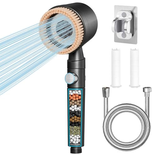 JOEJONI Pommeau de douche haute pression avec filtre, économiseur d'eau, pommeau de douche avec tuyau, douchette haute pression avec 5 + 1 types de jet, pour éliminer l'eau dure, le chlore résiduel et