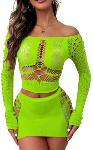 Buitifo Women Lingerie Set Sexy Mesh Two Piece Sets Long Sleeve Tops and Bodycon Skirts Sleepwear Nightwear Set(Green,M)