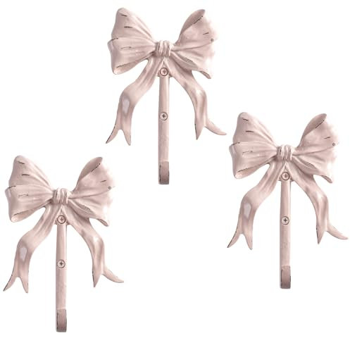 Bolifish Große rosa Schleife Wandhaken 3er Set Shabby Chic Wandmontage Vintage Bogen Kleiderhaken Dekorative Wandhaken für Tasche, Handtuch und Hut