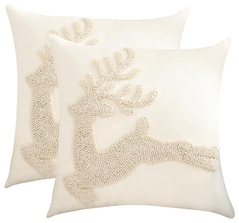 2 Stück Kissenbezug Weihnachten Kissenbezüge 45x45 cm Leinen Dekorative Zierkissenbezüge Hirsch Tufteter Schneeflocke Deko Kissenhülle für Merry Christmas Sofa Couch Schlafzimmer Wohnzimmer