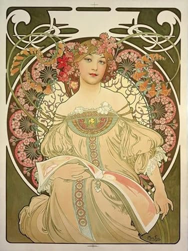 NAAYRASA Bekannt Leinwanddrucke Malerei Drucken Ölgemälde Jugendstil: Ansicht einer Wohnung im modernen Stil“ mit Glasmalerei von Alphonse Mucha Foto auf Leinwand für Wanddekoration 60x90cm