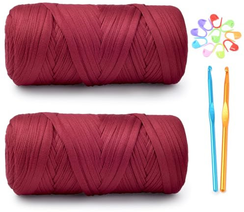 MPEIPILA Fettuccia per Borse, Fettuccia 400gr, Fettuccia per Borse a Uncinetto, Fettuccia Elastica per Pochette, Fettuccia per Cestini,Kit Uncinetto Fettuccia con Uncinetti 5,6 mm e Segnapunti, Maroon