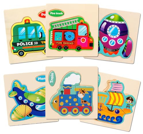 KATLKIU Holzpuzzle für Kinder 10x10 cm - Montessori pädagogische Spiele - Holzspiele Kinder 1-3 Jahre - 6 Teile, Verkehrspuzzle