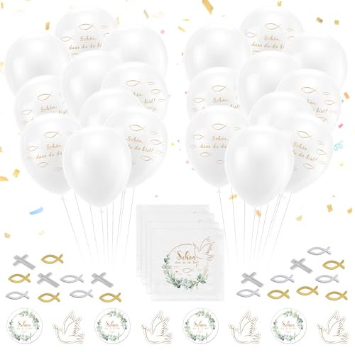 JWDMHSJ 120 Stück Kommunion Deko, Taufe Deko Junge Mädchen, Konfirmation Deko Servietten, Holz Fische Deko, Luftballons, Kommunion Taufe Tischdeko, Tischdeko für Taufe, Kommunion,Konfirmation